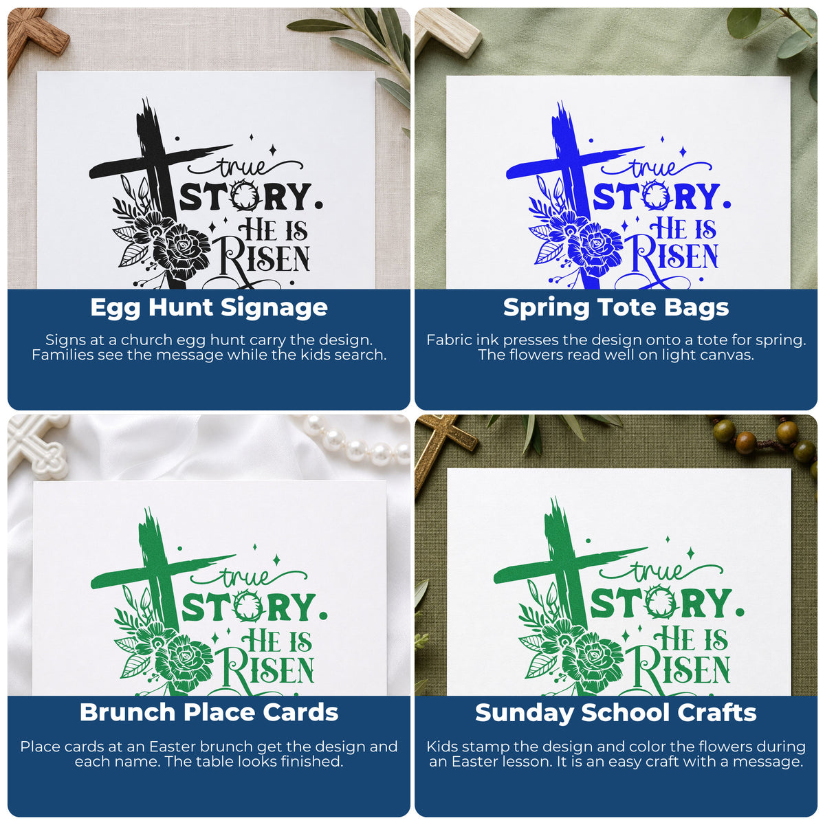 Four ways to use the True Story, He Is Risen Slim Pre-Inked Stamp: egg hunt signage, spring tote bags, brunch place cards and sunday school crafts.