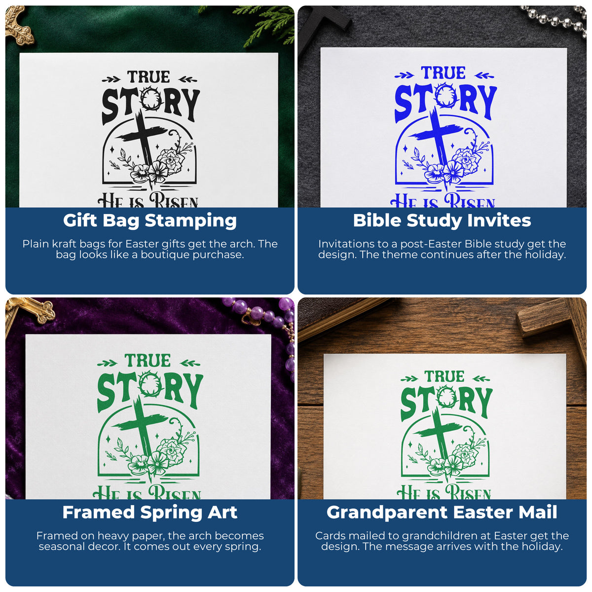 Four ways to use the True Story Risen Arch Craft Stamp – Self-Inking: gift bag stamping, bible study invites, framed spring art and grandparent easter mail.