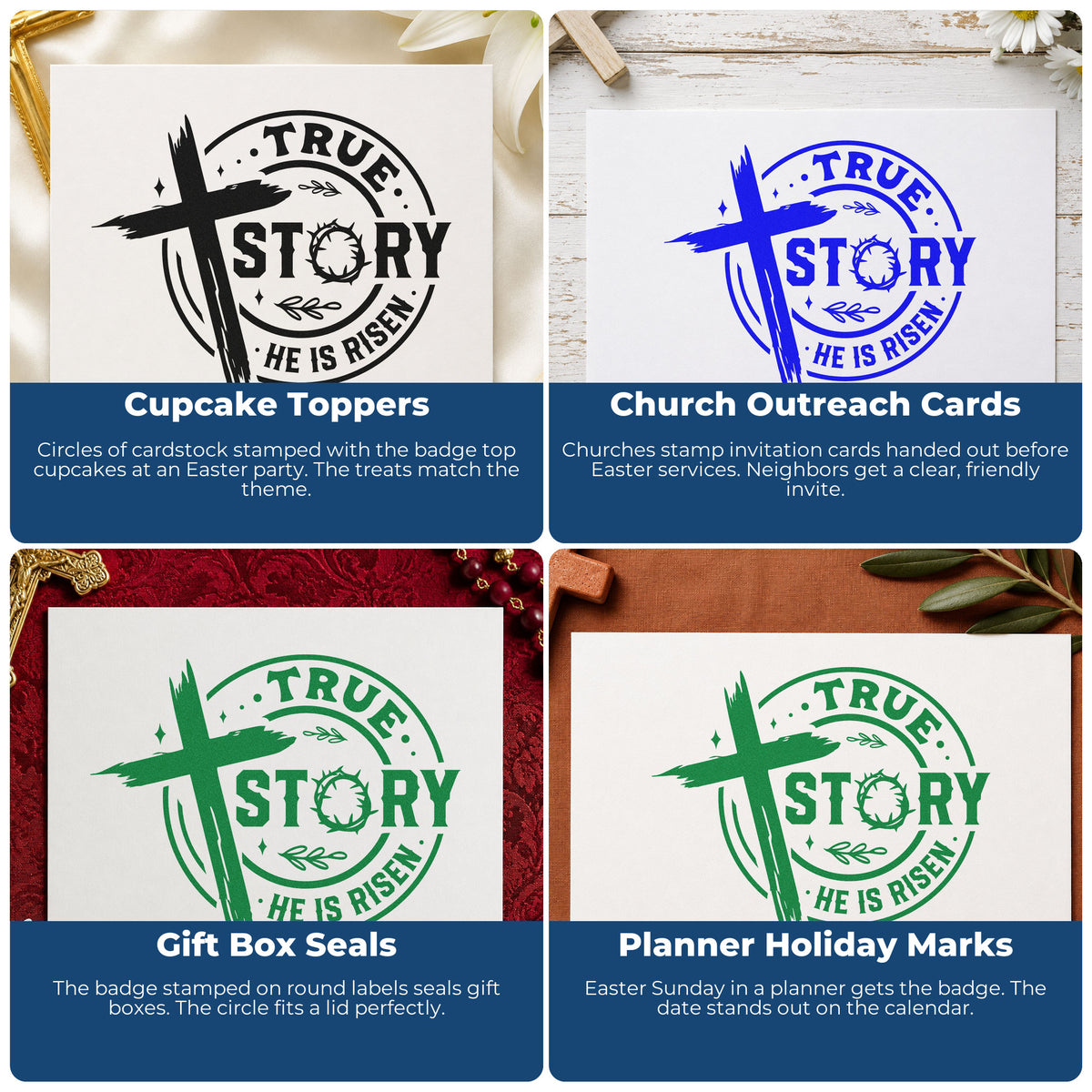 Four ways to use the True Story Risen Badge Stamp – Wood Handle: cupcake toppers, church outreach cards, gift box seals and planner holiday marks.