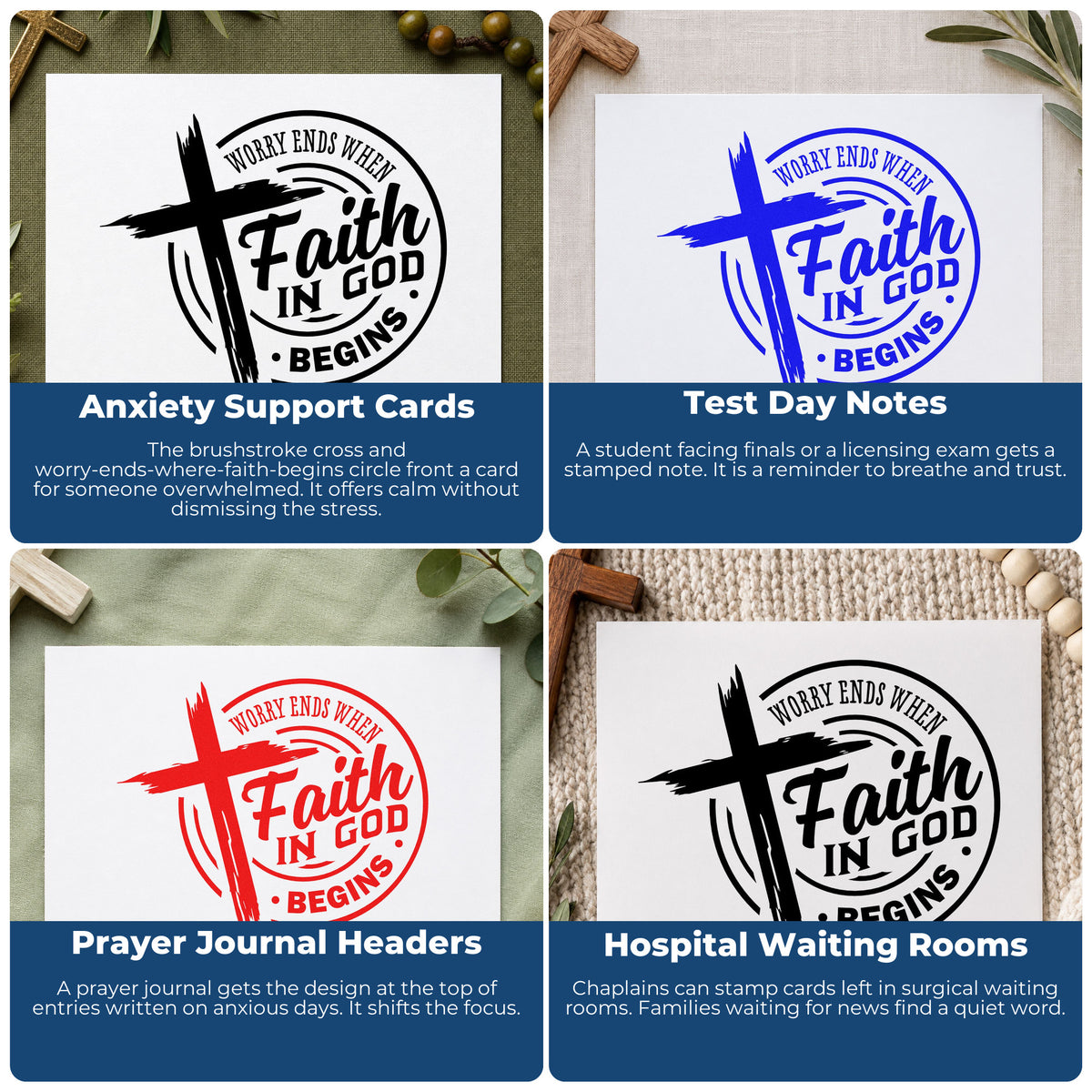 Four ways to use the Worry Ends Where Faith In God Begins Rubber Stamp – Wood Handle: anxiety support cards, test day notes, prayer journal headers and hospital waiting rooms.