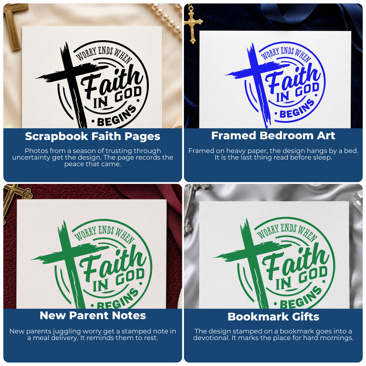 Four ways to use the Worry Ends Where Faith In God Begins Duo Hand Stamp: scrapbook faith pages, framed bedroom art, new parent notes and bookmark gifts.