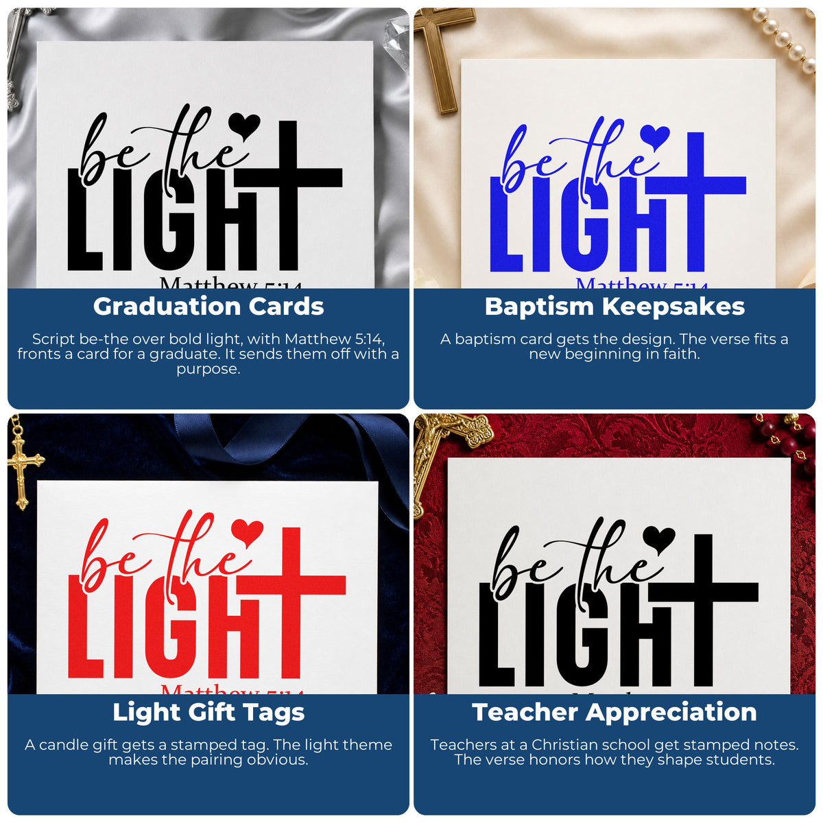 Four ways to use the Be The Light With Cross Rubber Stamp – Wood Handle: graduation cards, baptism keepsakes, light gift tags and teacher appreciation.