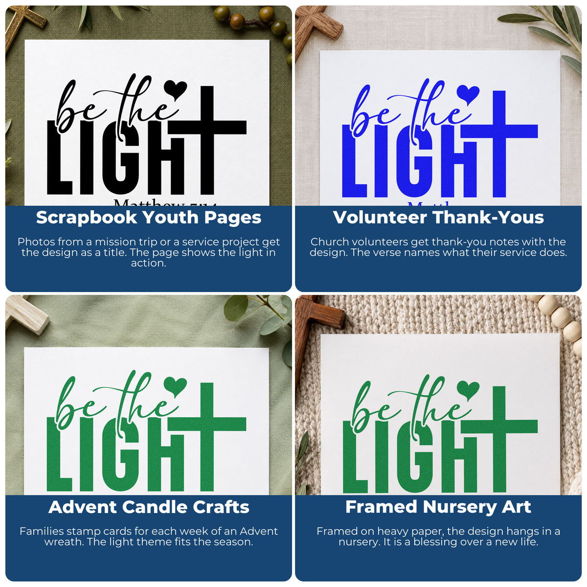 Four ways to use the Be The Light With Cross Stamp - Premium Vintage Pro Wooden: scrapbook youth pages, volunteer thank-yous, advent candle crafts and framed nursery art.