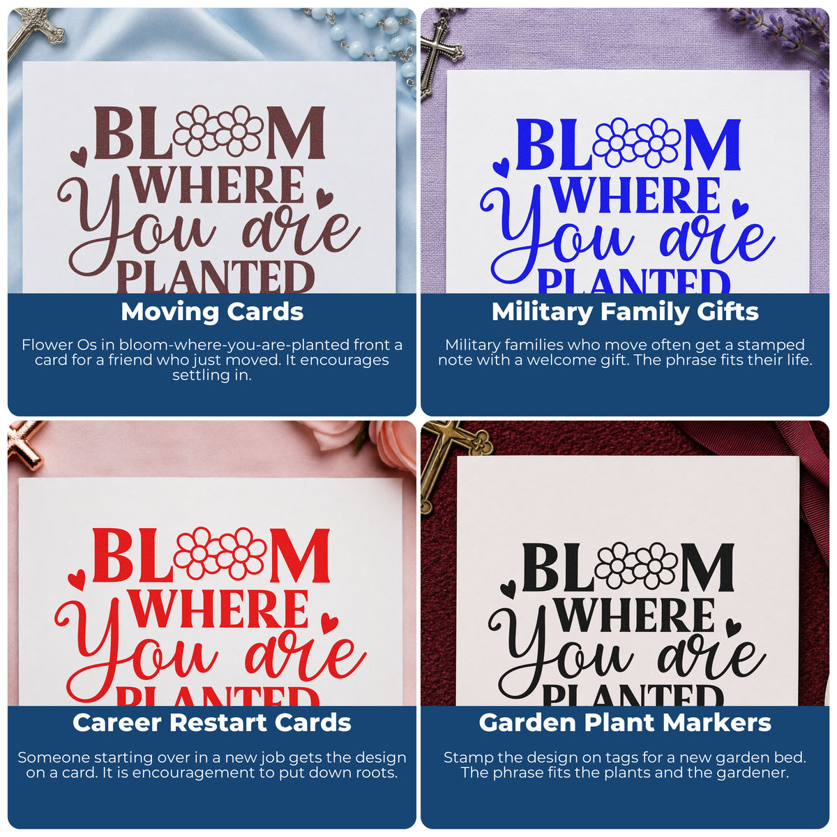 Four ways to use the Wood Handle Bloom Where You Are Planted Rubber Stamp: moving cards, military family gifts, career restart cards and garden plant markers.