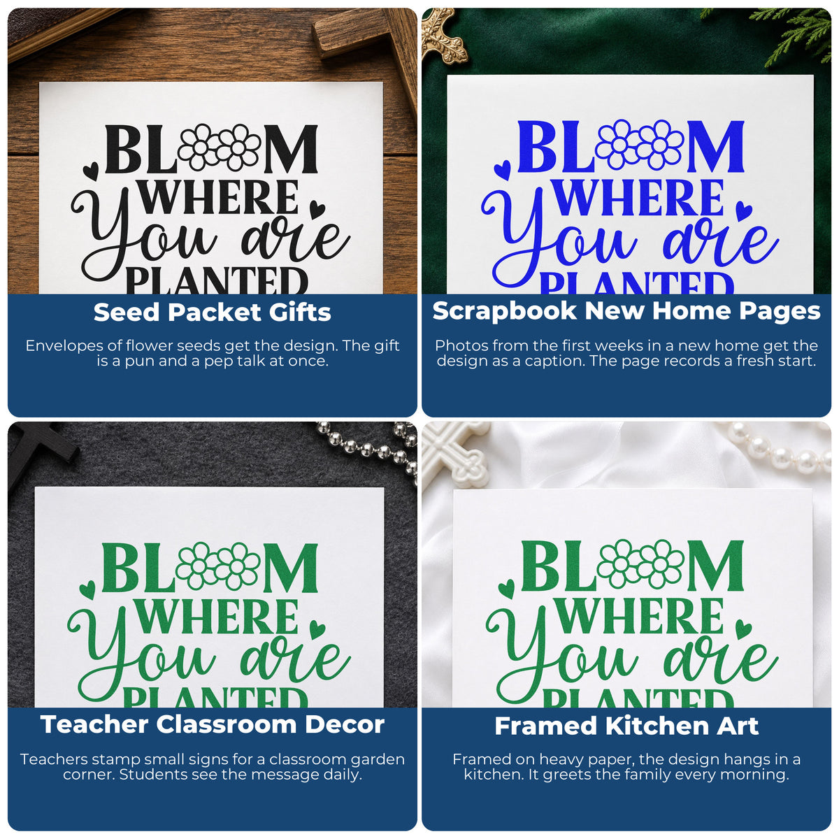 Four ways to use the Bloom Where You Are Planted Stamp – Self-Inking: seed packet gifts, scrapbook new home pages, teacher classroom decor and framed kitchen art.