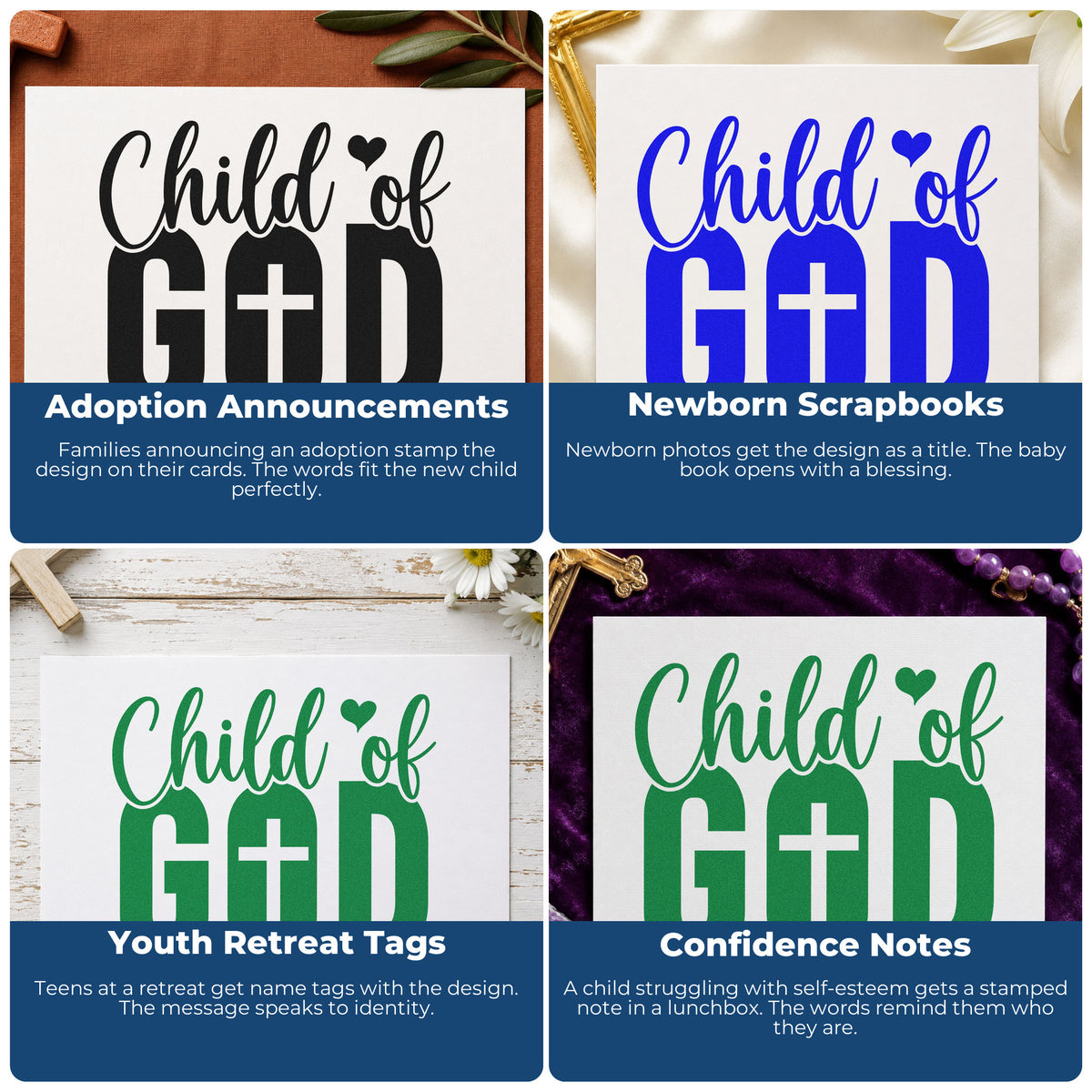 Four ways to use the Child Of God With Cross Self-Inking Stamp: adoption announcements, newborn scrapbooks, youth retreat tags and confidence notes.