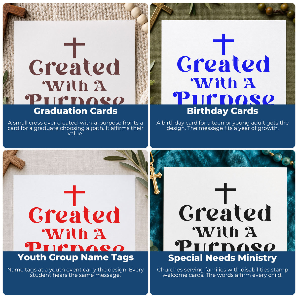 Four ways to use the Created With A Purpose Premium Wood-Mounted Stamp - Vintage Pro: graduation cards, birthday cards, youth group name tags and special needs ministry.