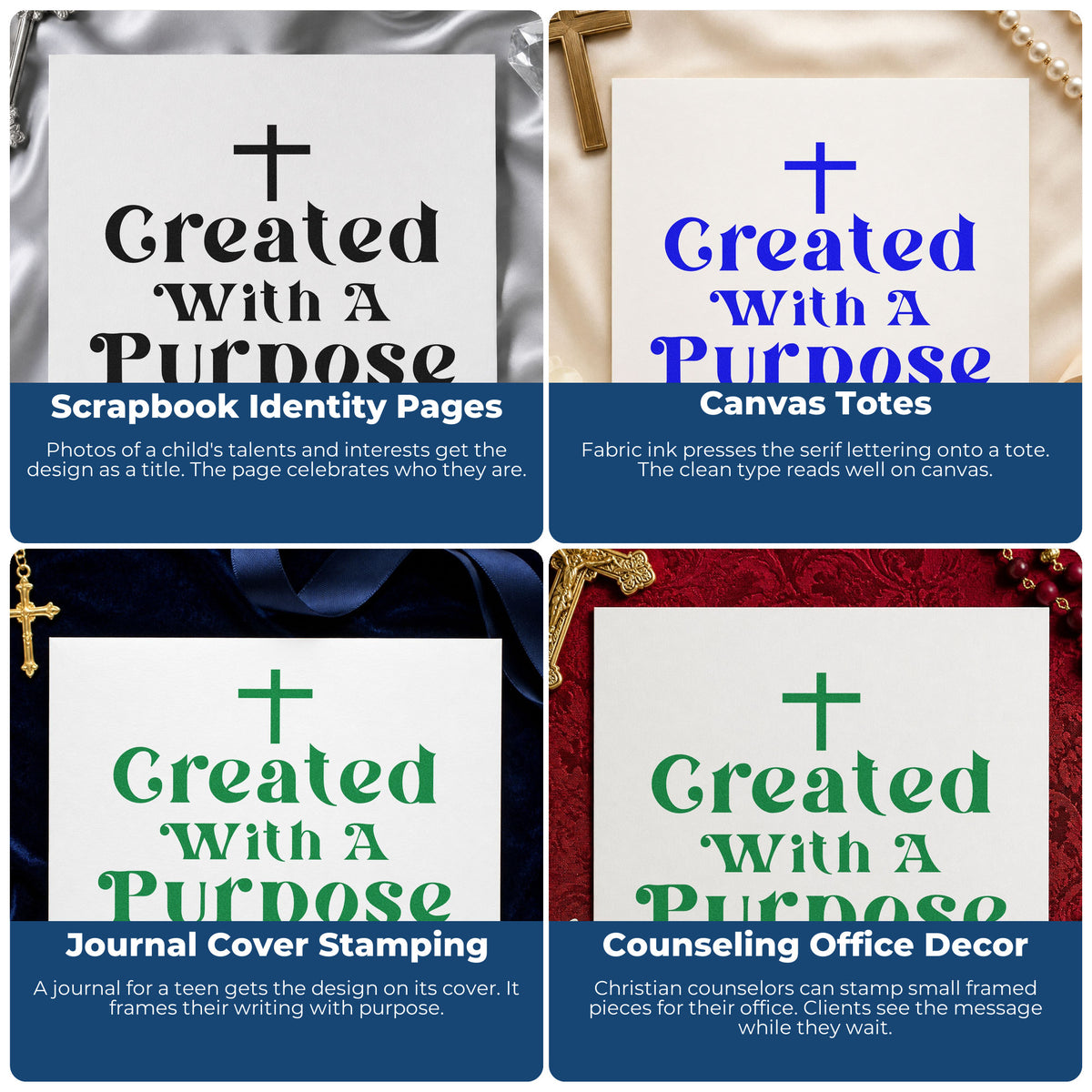 Four ways to use the Created With A Purpose Hand Stamp – Duo: scrapbook identity pages, canvas totes, journal cover stamping and counseling office decor.