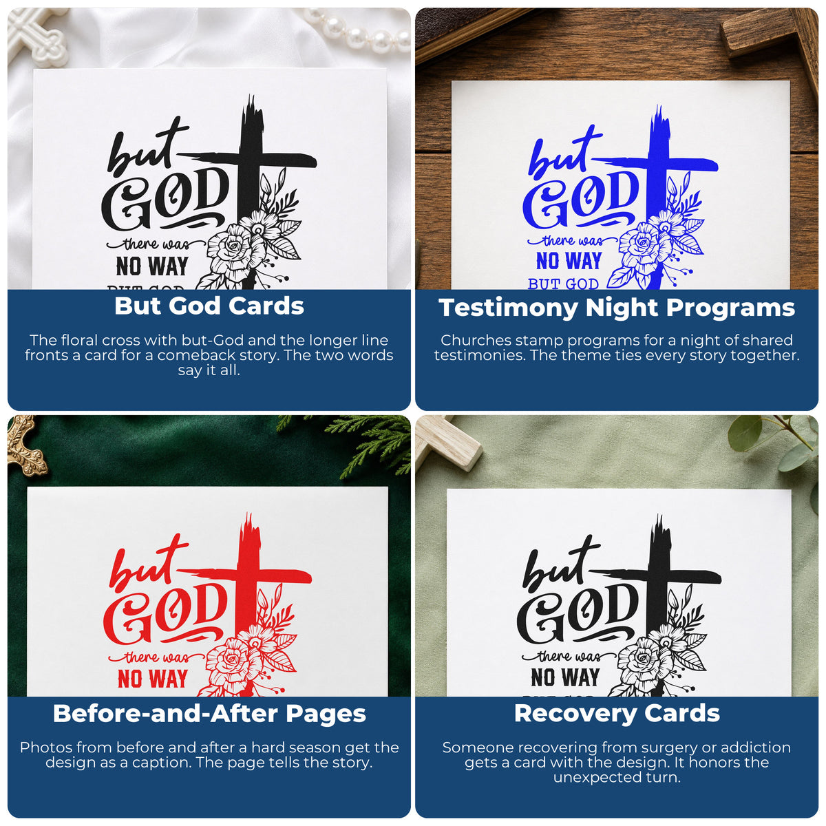Four ways to use the There Was No Way But God Made A Way Brushstroke Cross Self-Inking Stamp: but god cards, testimony night programs, before-and-after pages and recovery cards.