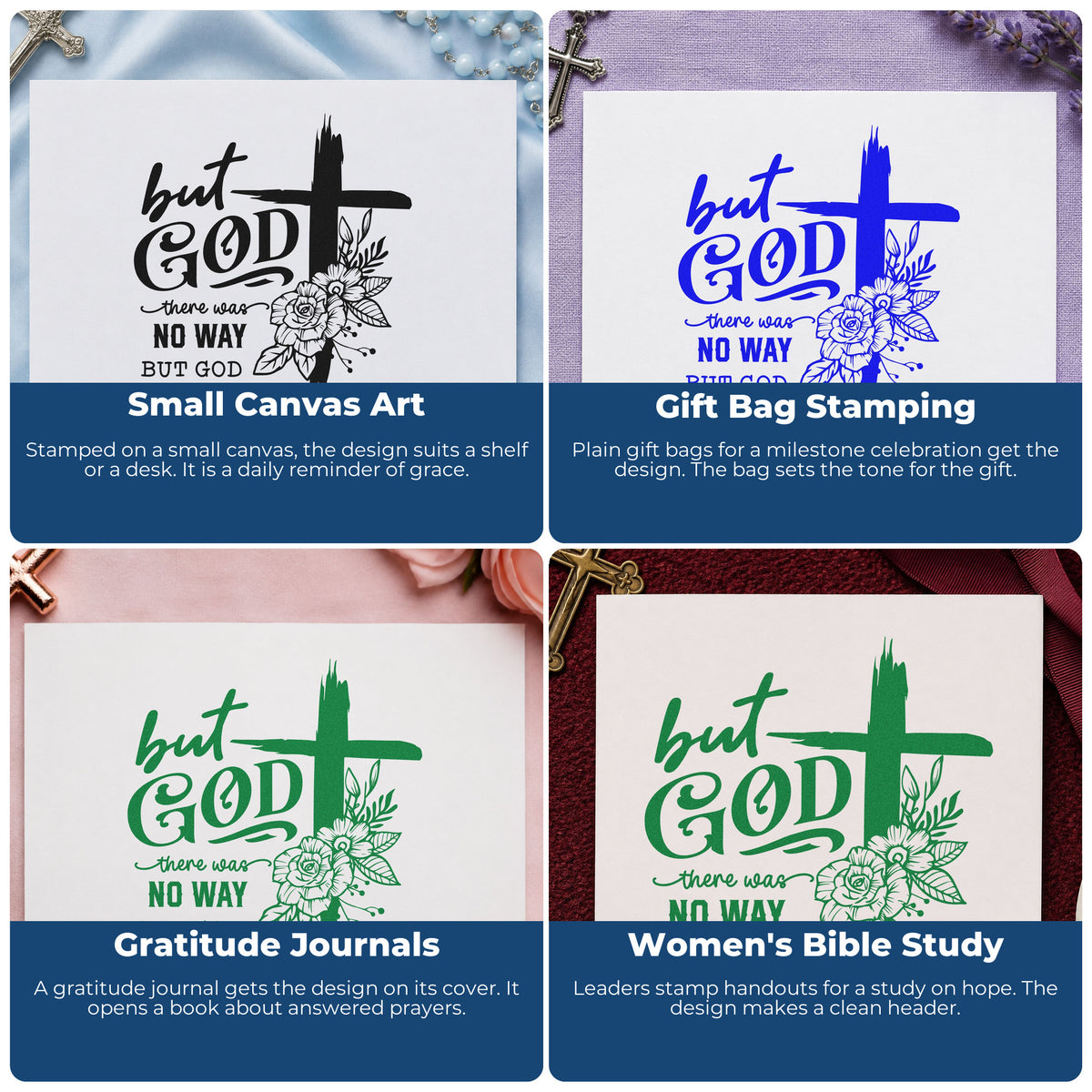 Four ways to use the There Was No Way But God Made A Way Brushstroke Cross Stamp - Premium Vintage Pro Wooden: small canvas art, gift bag stamping, gratitude journals and women's bible study.