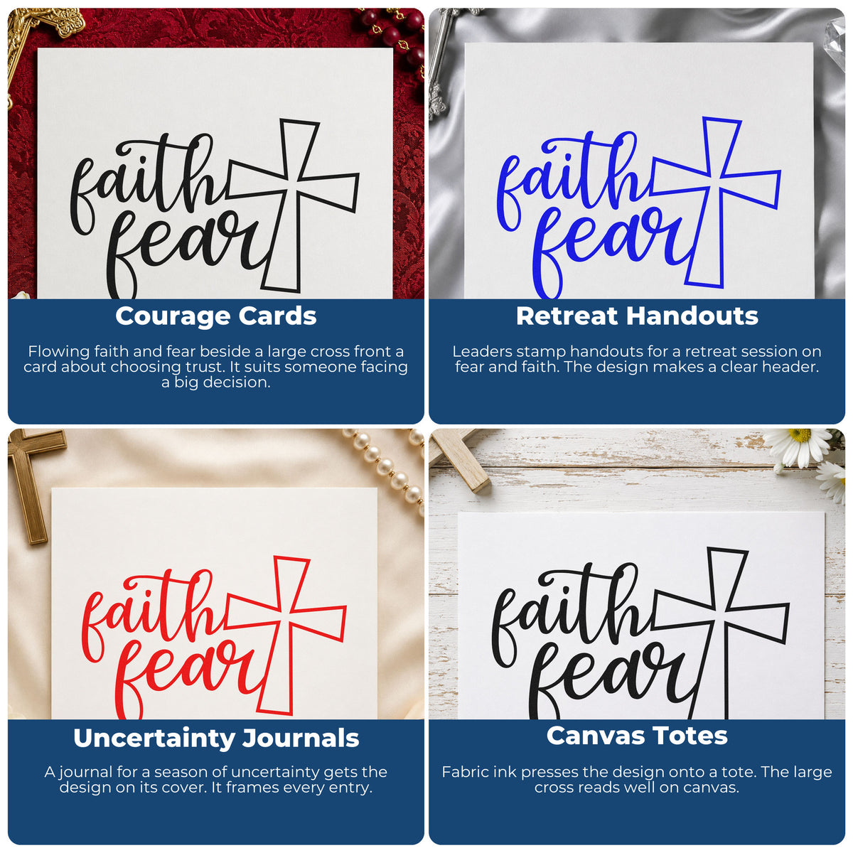 Four ways to use the Faith Over Fear Cross Outline Detail Stamp – Wood Handle: courage cards, retreat handouts, uncertainty journals and canvas totes.
