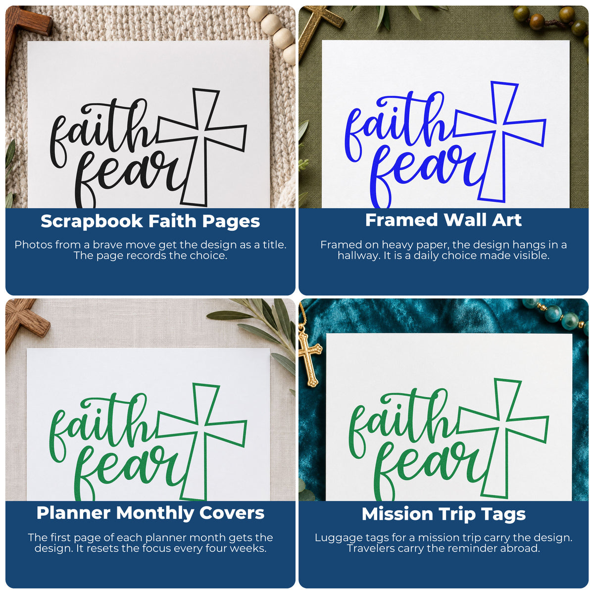 Four ways to use the Faith Over Fear Cross Outline Detail Self-Inking Stamp: scrapbook faith pages, framed wall art, planner monthly covers and mission trip tags.