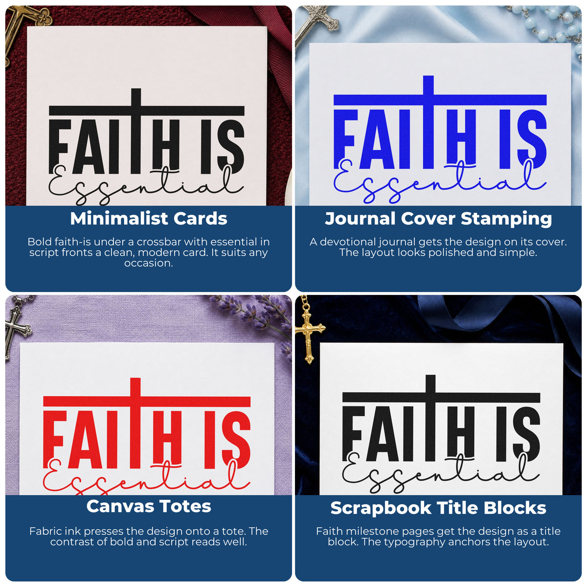 Four ways to use the Faith Is Essential Duo Hand Stamp: minimalist cards, journal cover stamping, canvas totes and scrapbook title blocks.