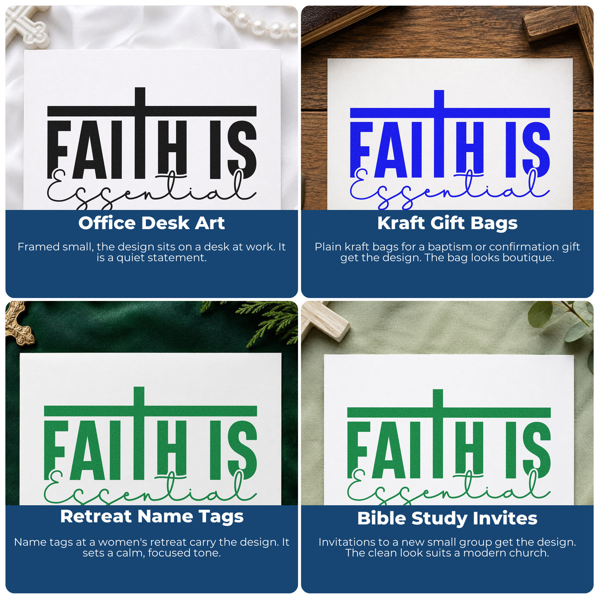 Four ways to use the Faith Is Essential Duo Hand Stamp: office desk art, kraft gift bags, retreat name tags and bible study invites.