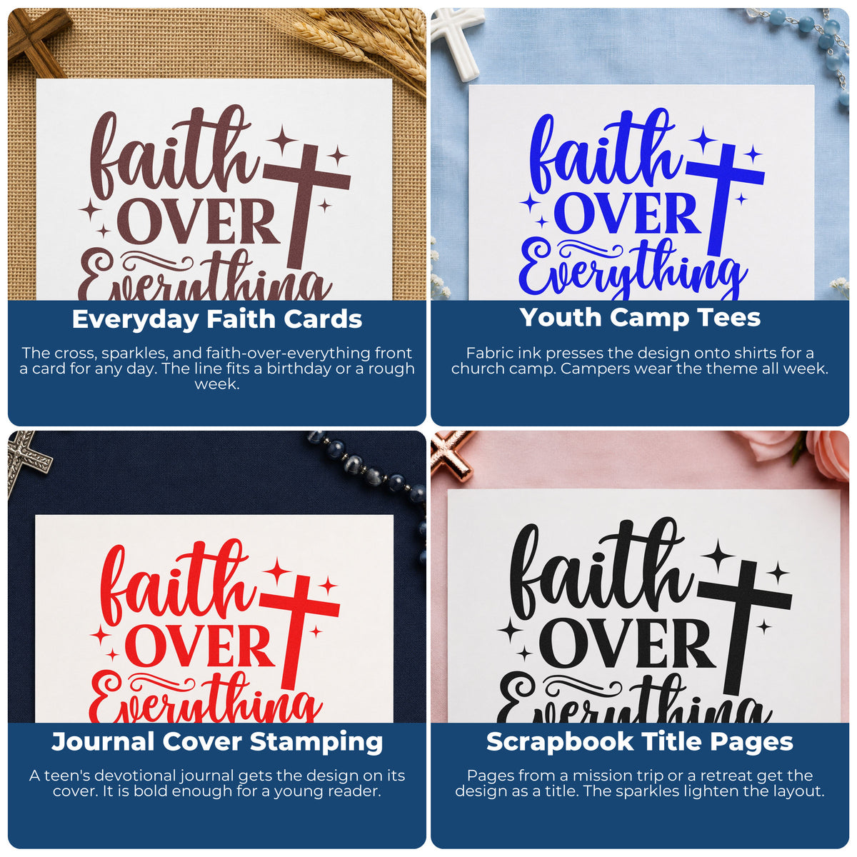 Four ways to use the Faith Over Everything With Cross Rubber Stamp – Duo Hand: everyday faith cards, youth camp tees, journal cover stamping and scrapbook title pages.