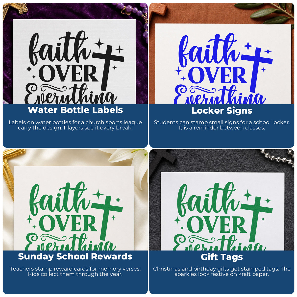 Four ways to use the Faith Over Everything With Cross Stamp - Premium Vintage Pro Wooden: water bottle labels, locker signs, sunday school rewards and gift tags.