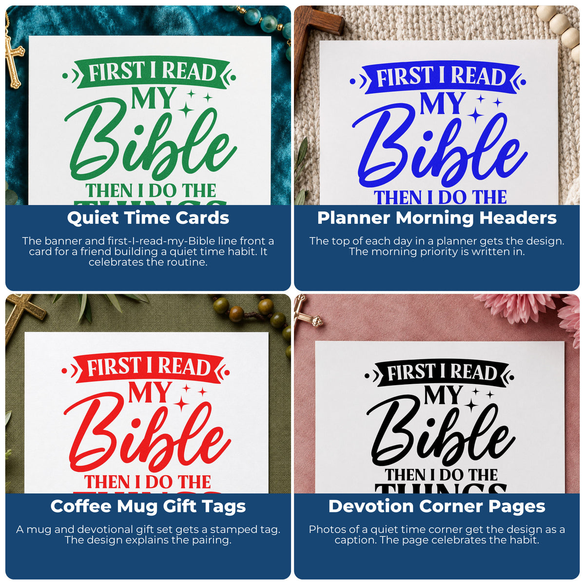 Four ways to use the First I Read My Bible, Then I Do The Things Hand Stamp – Duo: quiet time cards, planner morning headers, coffee mug gift tags and devotion corner pages.