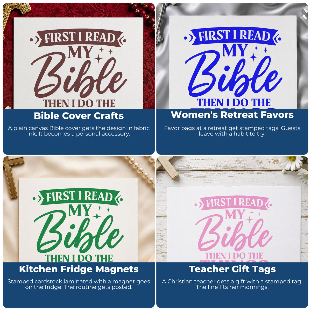 Four ways to use the Vintage Pro First I Read My Bible, Then I Do The Things Premium Wooden Stamp: bible cover crafts, women's retreat favors, kitchen fridge magnets and teacher gift tags.