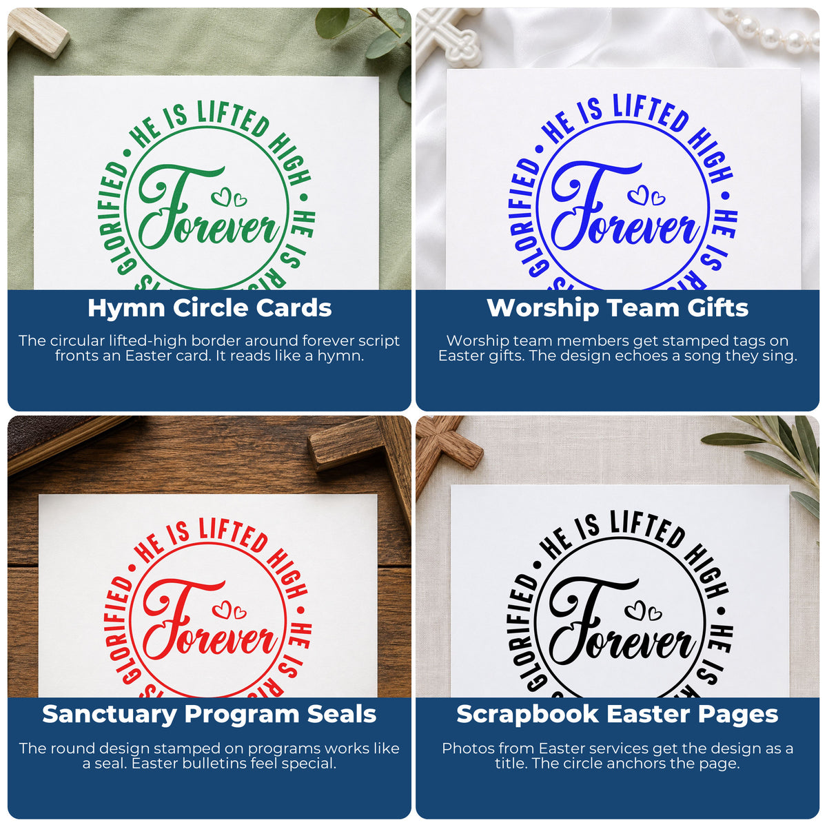 Four ways to use the Forever He Is Risen With Hearts Rubber Stamp – Wood Handle: hymn circle cards, worship team gifts, sanctuary program seals and scrapbook easter pages.