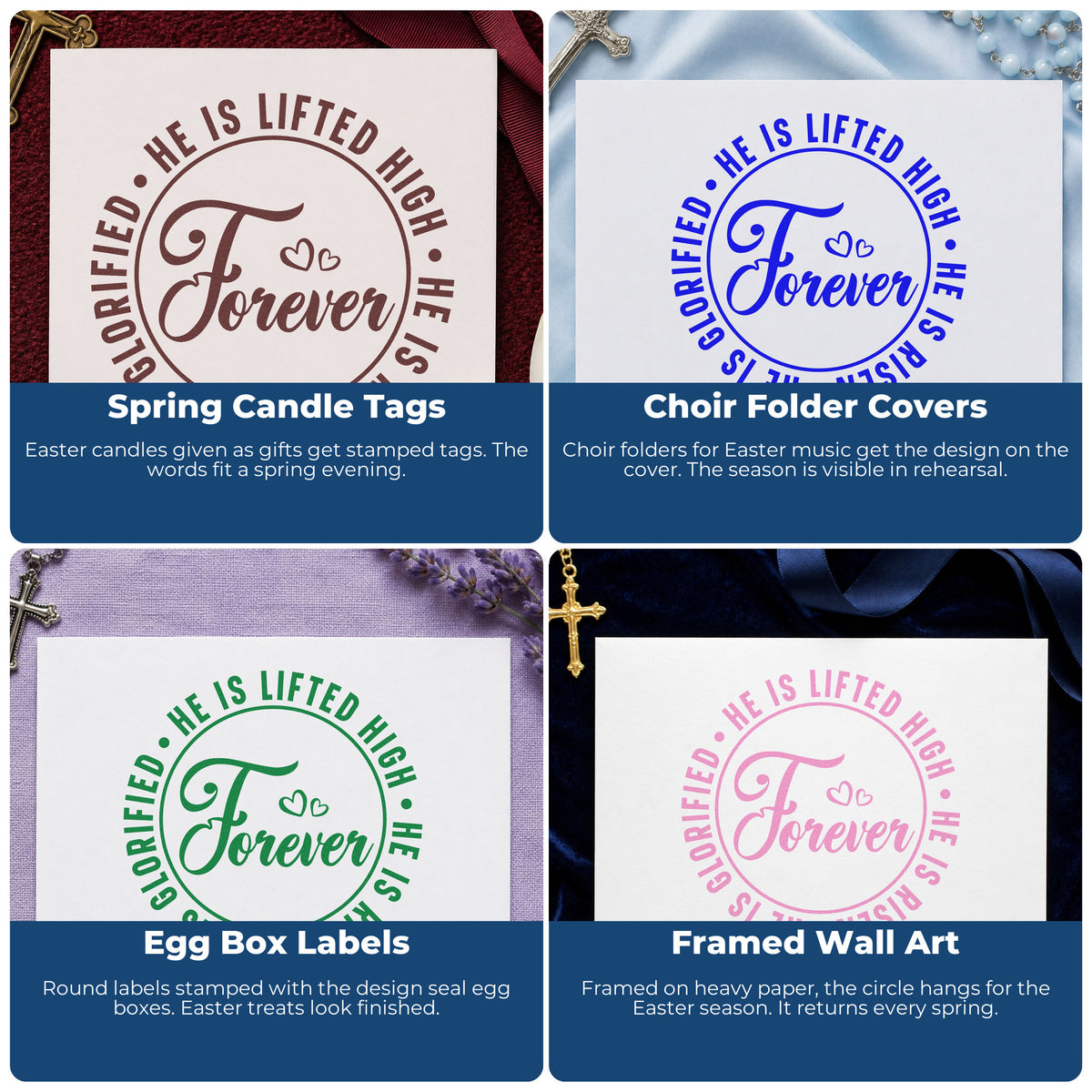 Four ways to use the Forever He Is Risen With Hearts Pre-Inked Stamp – PSI: spring candle tags, choir folder covers, egg box labels and framed wall art.