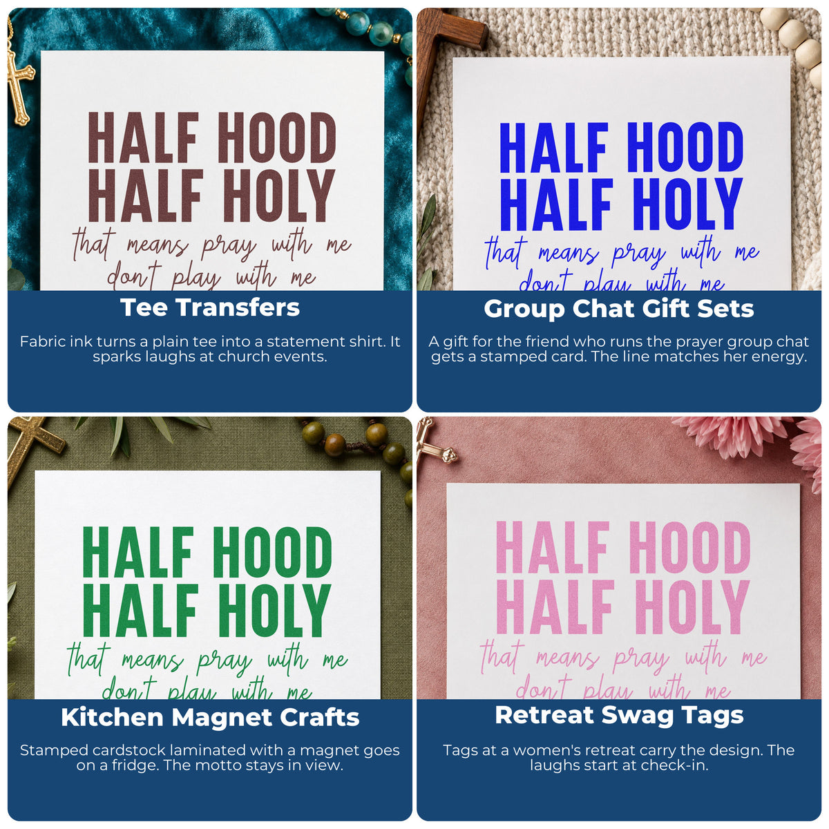 Four ways to use the Half Hood Half Holy Script Lettering Wood Handle Stamp: tee transfers, group chat gift sets, kitchen magnet crafts and retreat swag tags.