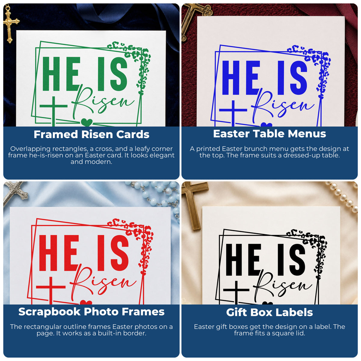 Four ways to use the He Is Risen Leafy Cross Frame Stamp – Slim Pre-Inked: framed risen cards, easter table menus, scrapbook photo frames and gift box labels.