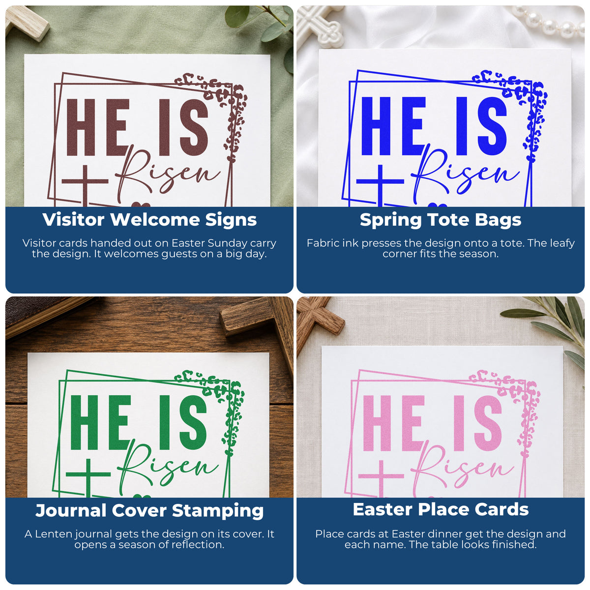 Four ways to use the He Is Risen Leafy Cross Frame Rubber Stamp – Wood Handle: visitor welcome signs, spring tote bags, journal cover stamping and easter place cards.