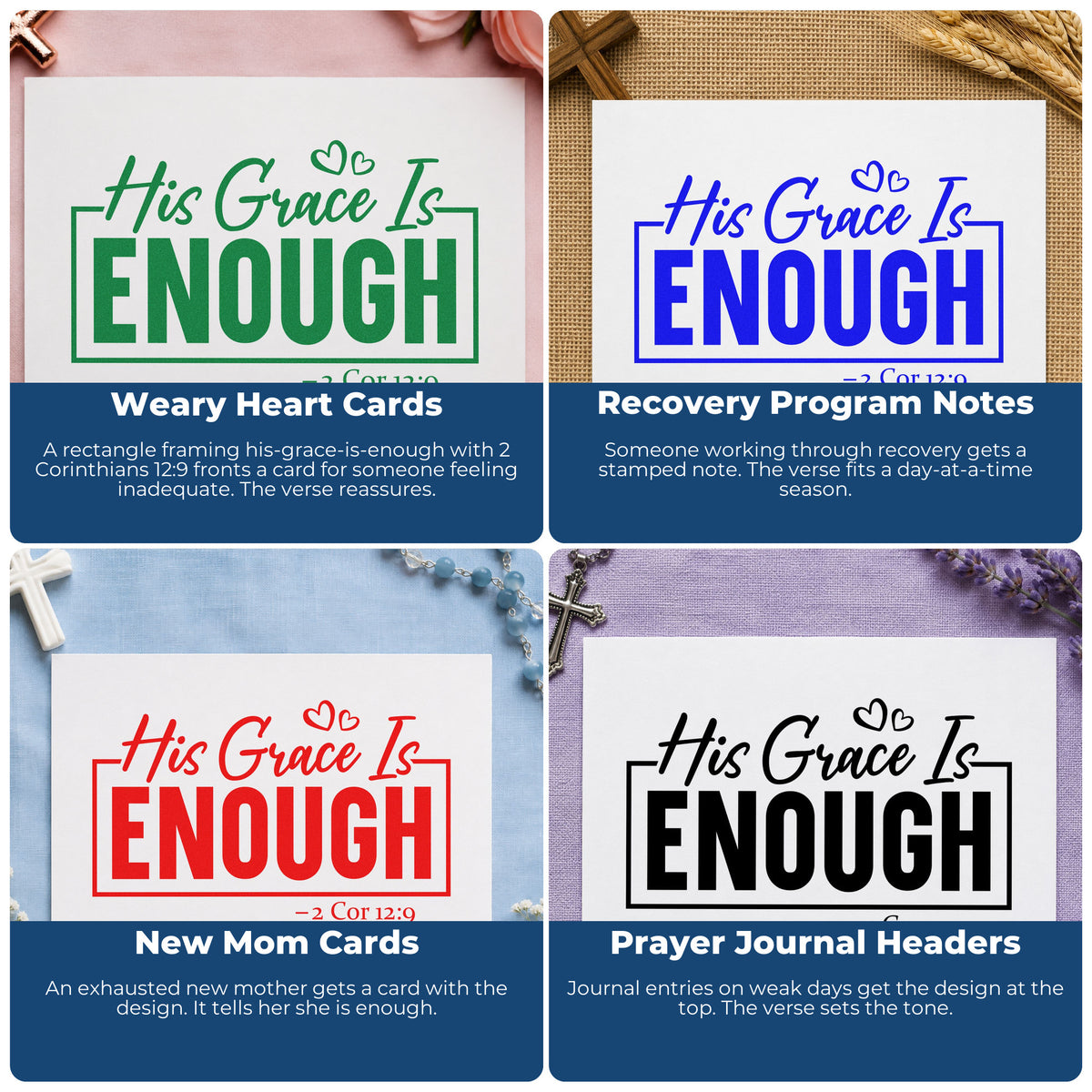 Four ways to use the His Grace Is Enough With Hearts Wood Handle Stamp: weary heart cards, recovery program notes, new mom cards and prayer journal headers.