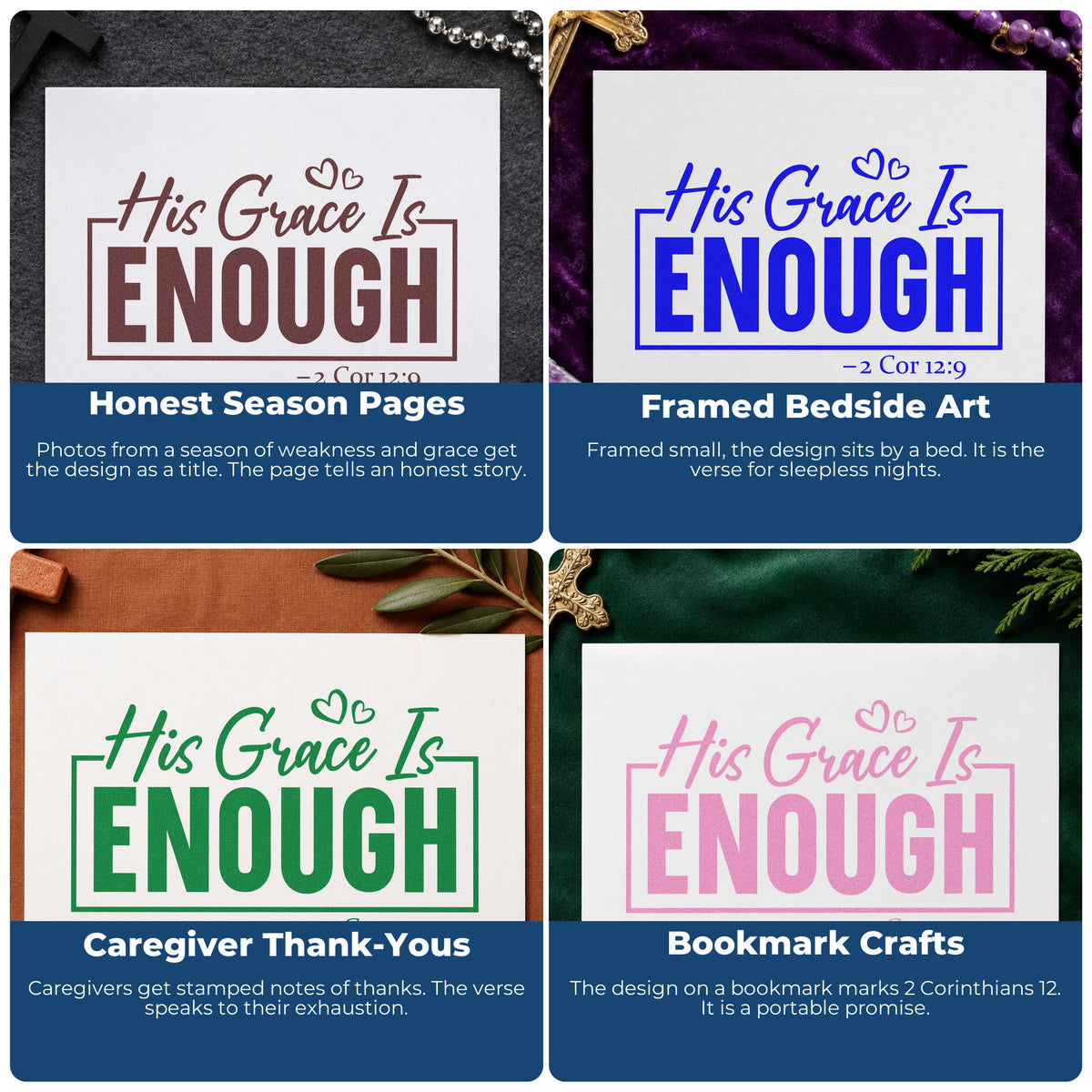 Four ways to use the His Grace Is Enough With Hearts Wood Handle Stamp: honest season pages, framed bedside art, caregiver thank-yous and bookmark crafts.