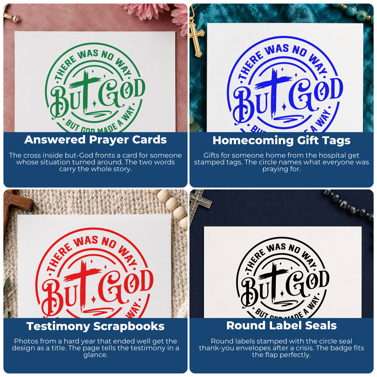 Four ways to use the But God Circular Cross Craft Stamp – Self-Inking: answered prayer cards, homecoming gift tags, testimony scrapbooks and round label seals.