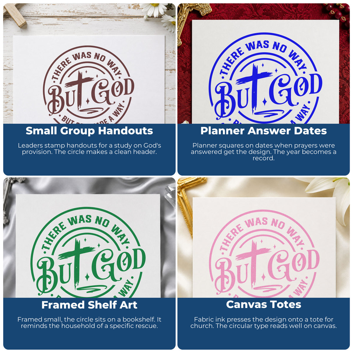 Four ways to use the But God Circular Cross Craft Stamp – Self-Inking: small group handouts, planner answer dates, framed shelf art and canvas totes.