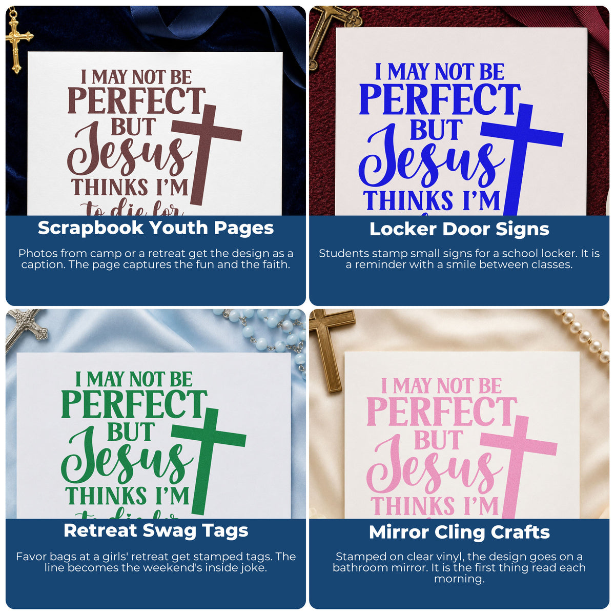 Four ways to use the Jesus Thinks I'm To Die For Self-Inking Stamp: scrapbook youth pages, locker door signs, retreat swag tags and mirror cling crafts.