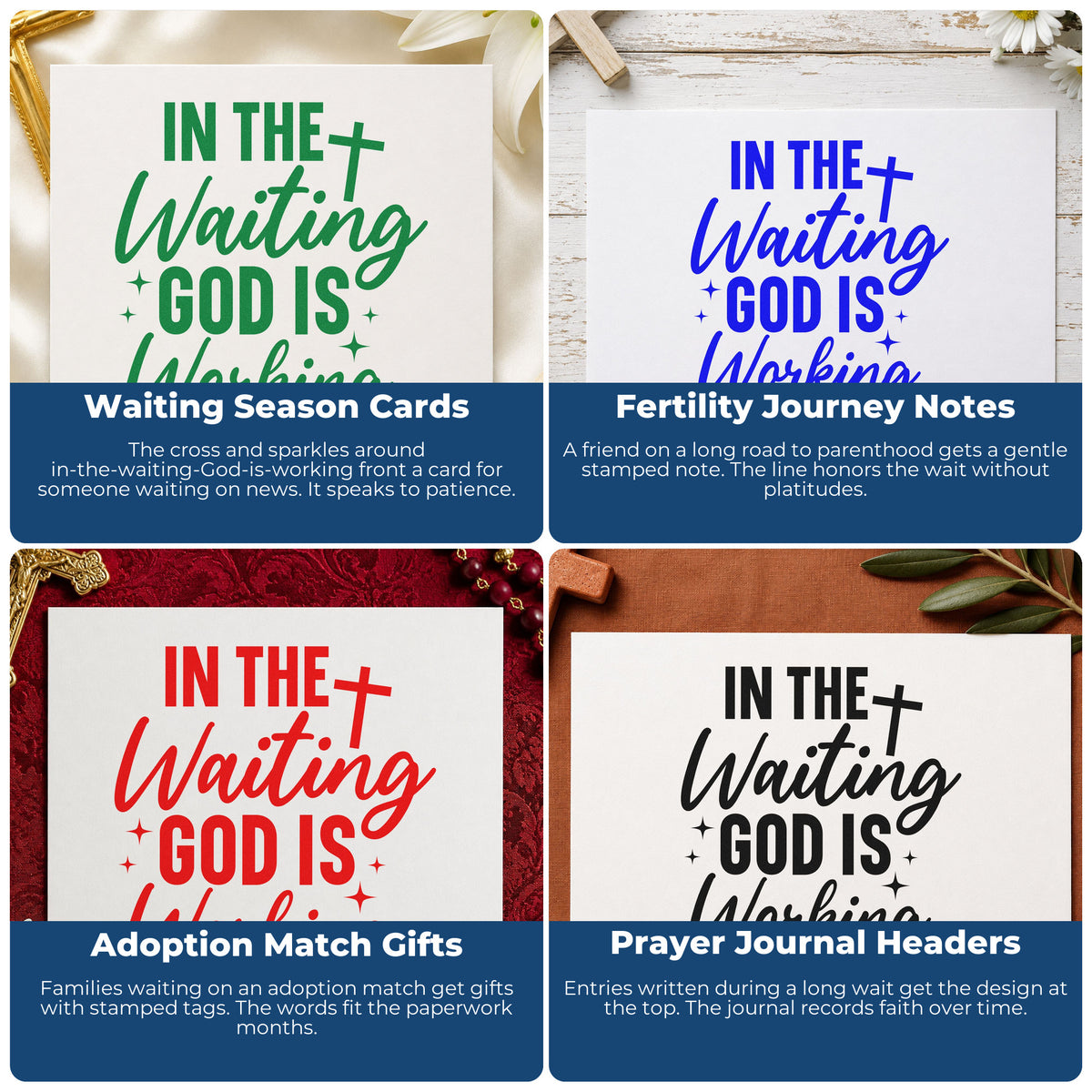 Four ways to use the In The Waiting God Is Working With Cross Wood Handle Stamp: waiting season cards, fertility journey notes, adoption match gifts and prayer journal headers.
