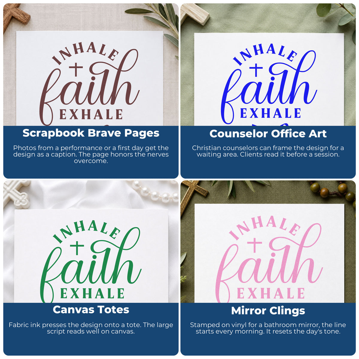 Four ways to use the Inhale Faith Exhale Fear Premium Wood-Mounted Stamp - Vintage Pro: scrapbook brave pages, counselor office art, canvas totes and mirror clings.