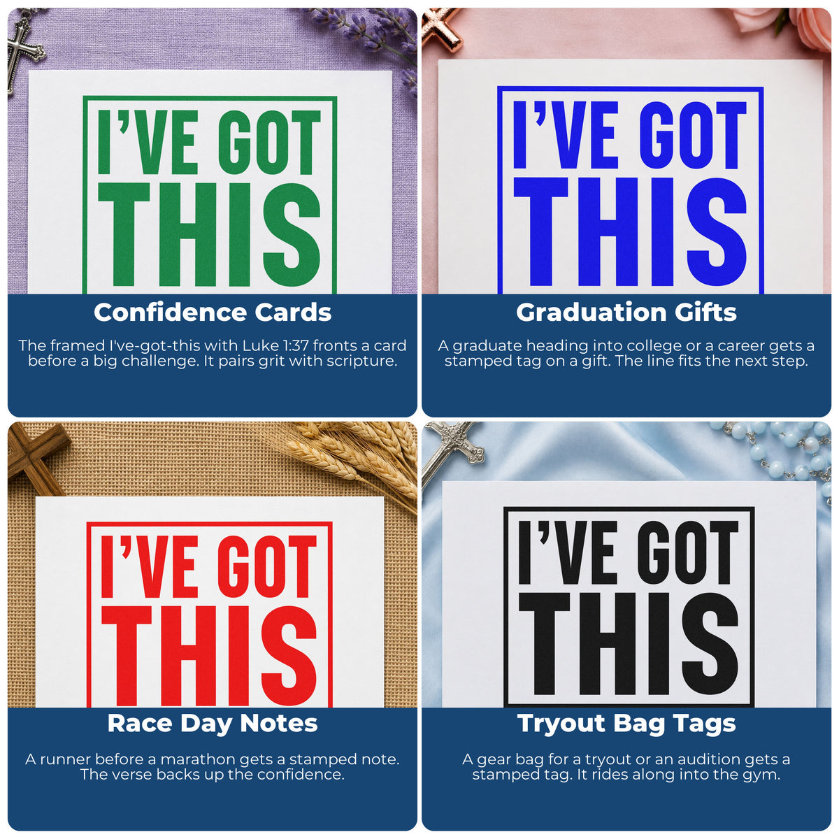 Four ways to use the I've Got This Frame Accent Stamp - Premium Vintage Pro Wooden: confidence cards, graduation gifts, race day notes and tryout bag tags.