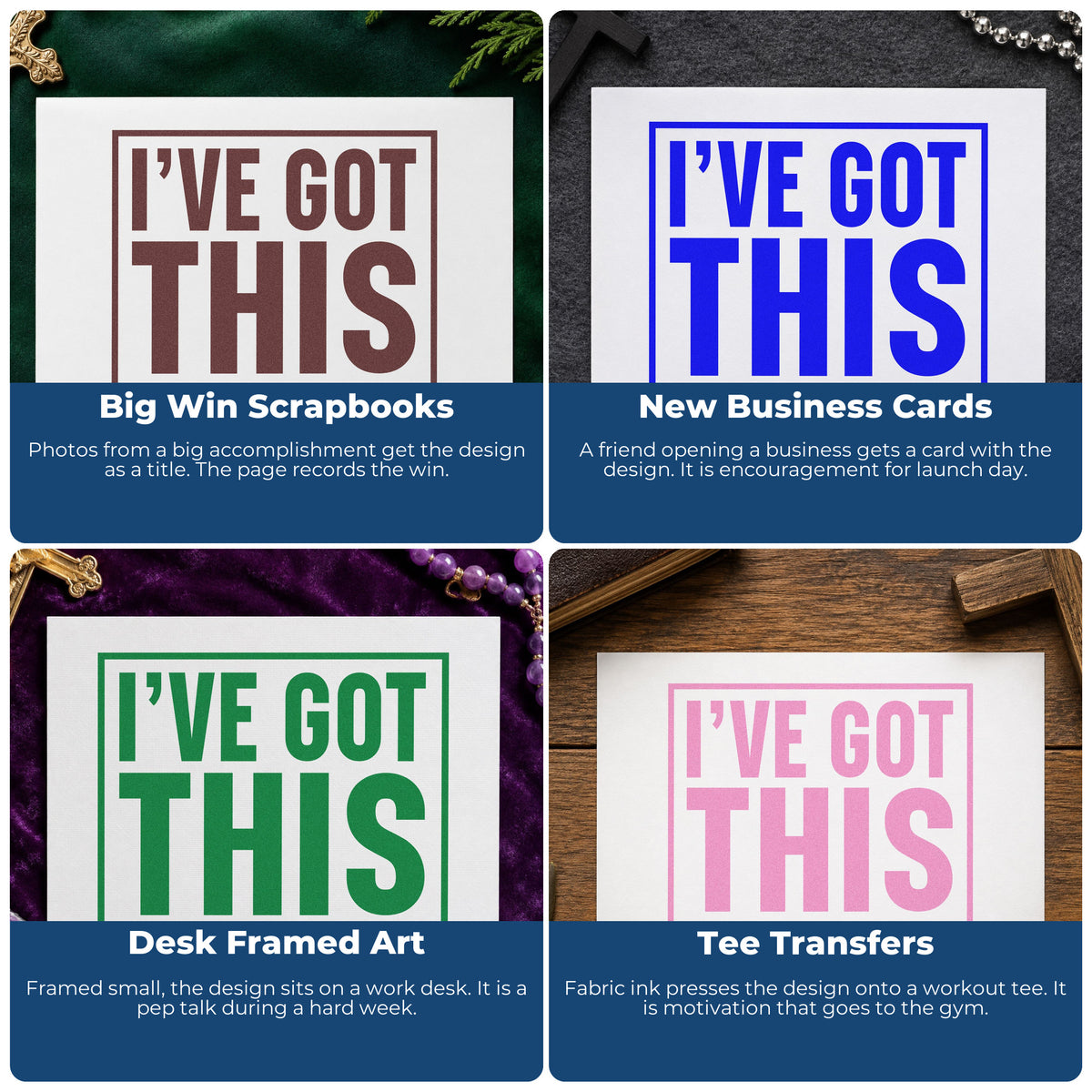 Four ways to use the Self-Inking I've Got This Frame Accent Stamp: big win scrapbooks, new business cards, desk framed art and tee transfers.