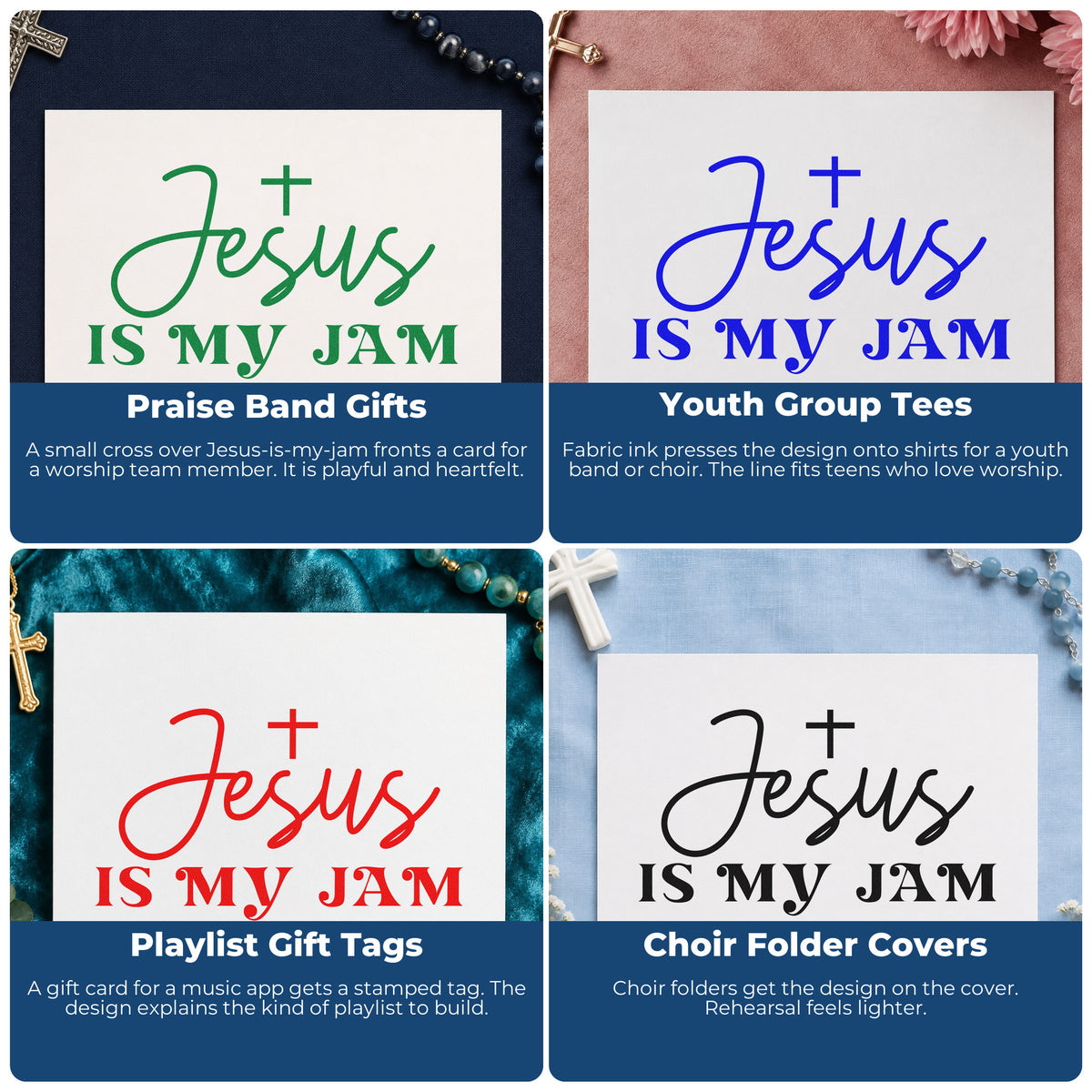 Four ways to use the Jesus Is My Jam Rubber Stamp – Duo Hand: praise band gifts, youth group tees, playlist gift tags and choir folder covers.