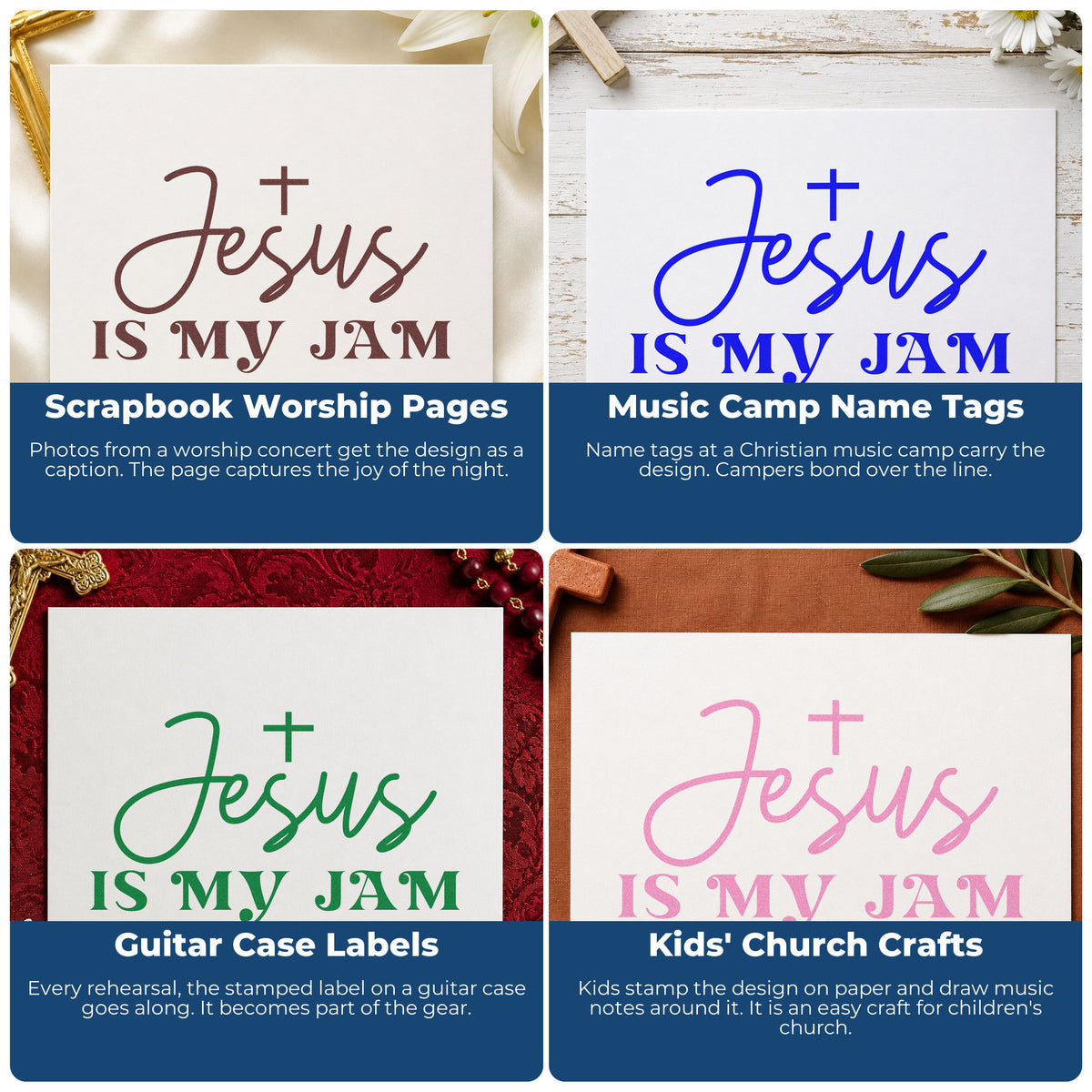 Four ways to use the Wood Handle Jesus Is My Jam Rubber Stamp: scrapbook worship pages, music camp name tags, guitar case labels and kids' church crafts.