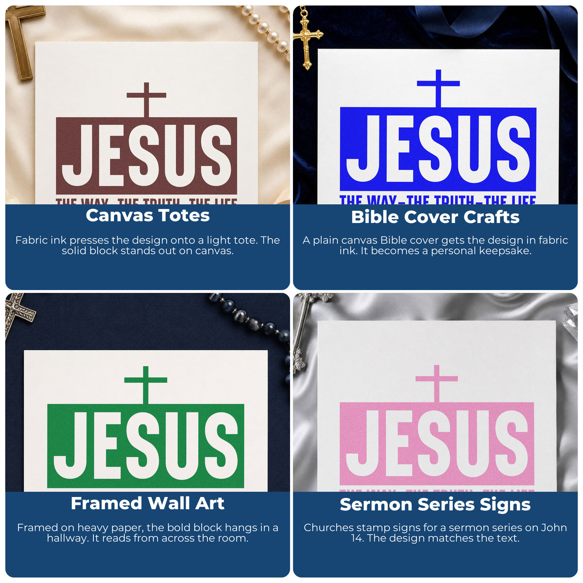 Four ways to use the Jesus The Way Truth Life With Cross Self-Inking Stamp: canvas totes, bible cover crafts, framed wall art and sermon series signs.