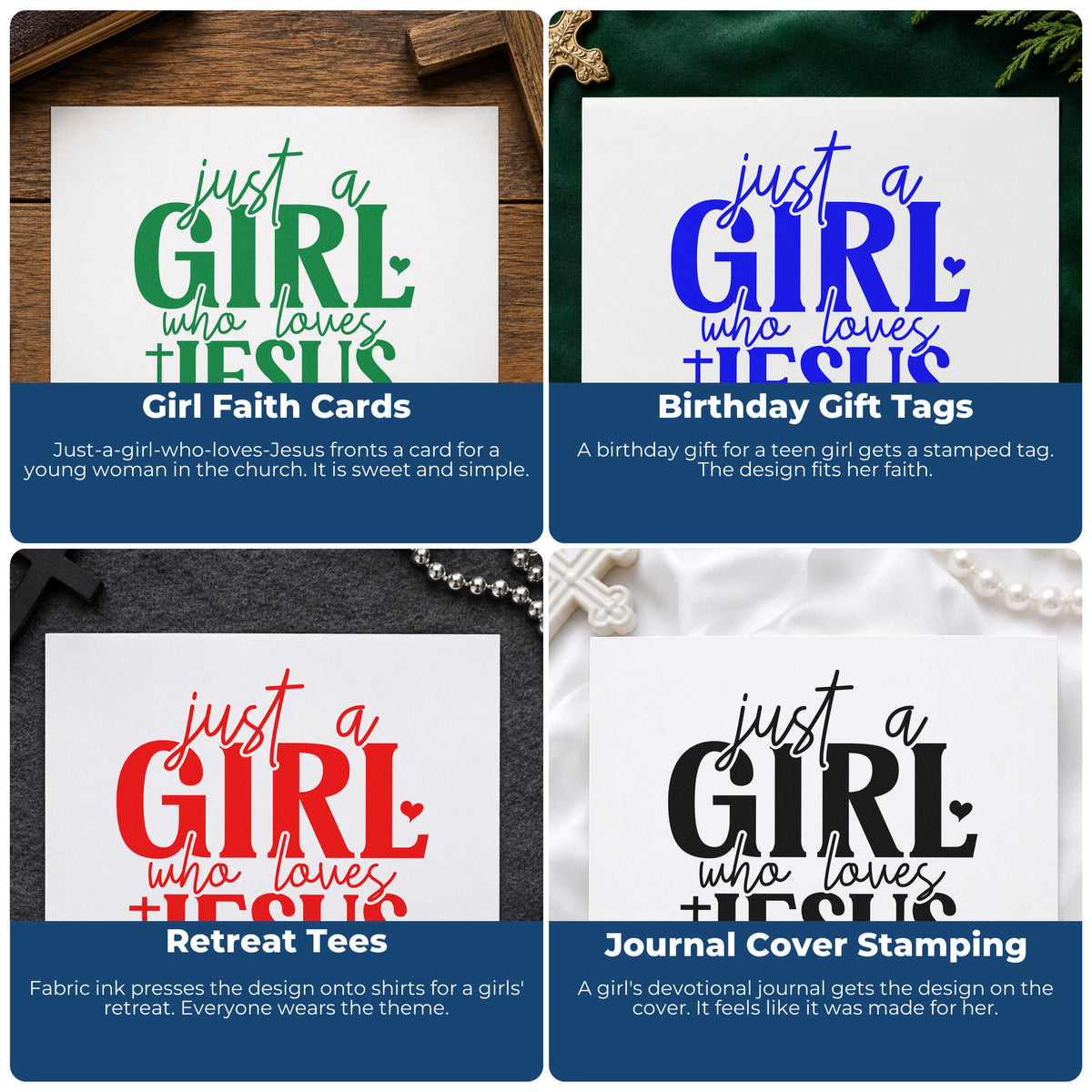 Four ways to use the Just A Girl Who Loves Jesus Stamp – Slim Pre-Inked: girl faith cards, birthday gift tags, retreat tees and journal cover stamping.