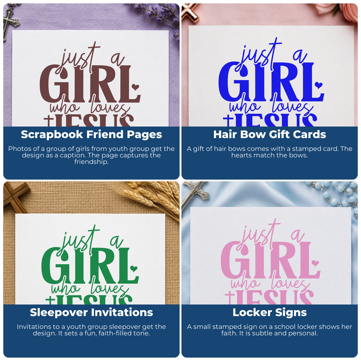 Four ways to use the Just A Girl Who Loves Jesus Premium Wood-Mounted Stamp - Vintage Pro: scrapbook friend pages, hair bow gift cards, sleepover invitations and locker signs.