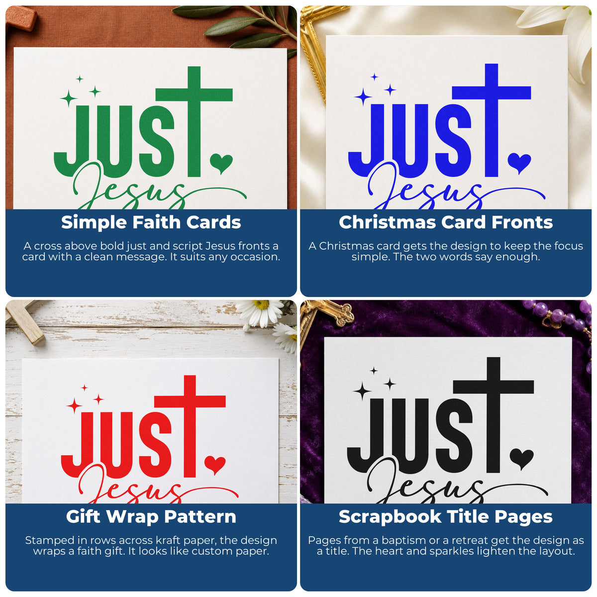 Four ways to use the Just Jesus With Cross Self-Inking Stamp: simple faith cards, christmas card fronts, gift wrap pattern and scrapbook title pages.