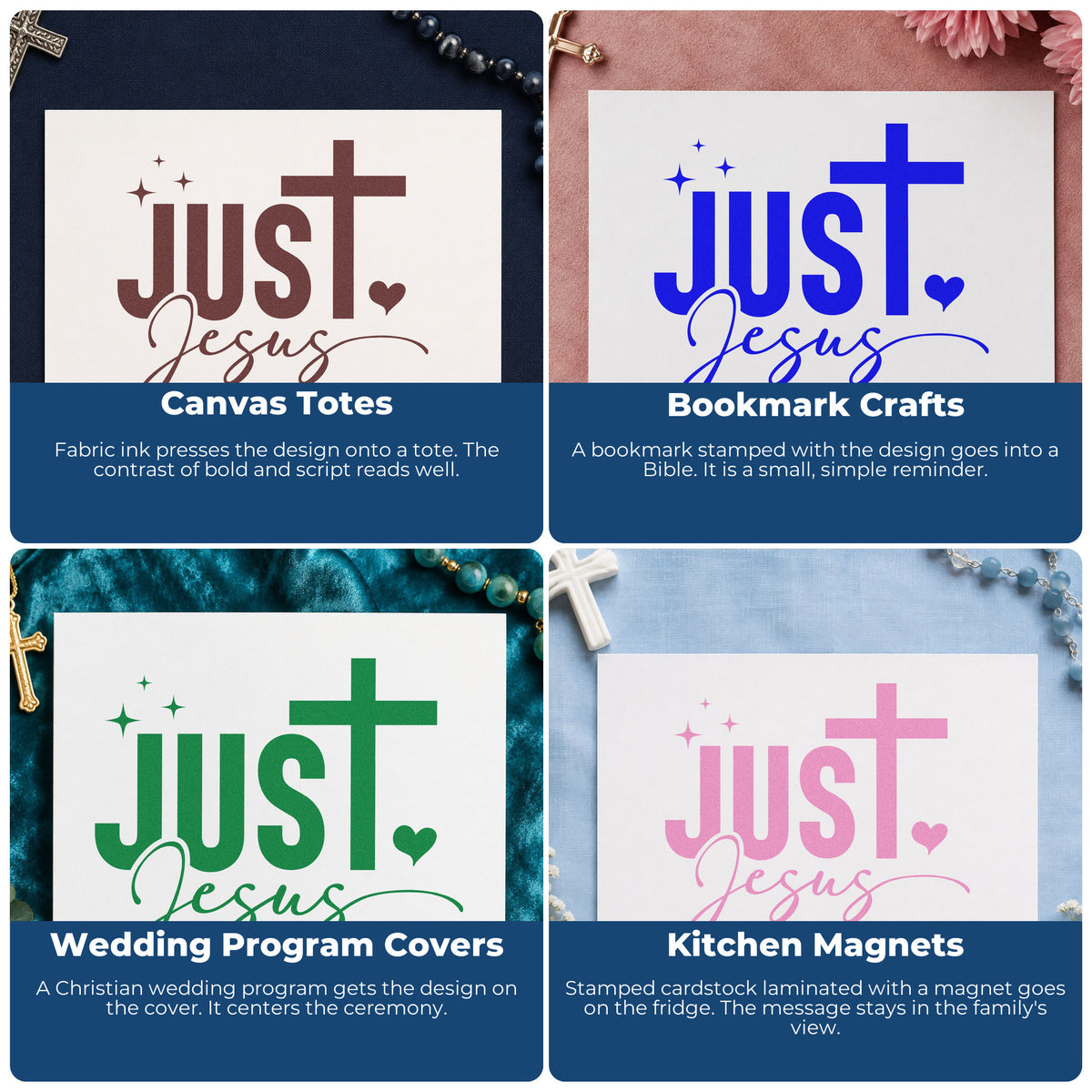 Four ways to use the Just Jesus With Cross Self-Inking Stamp: canvas totes, bookmark crafts, wedding program covers and kitchen magnets.