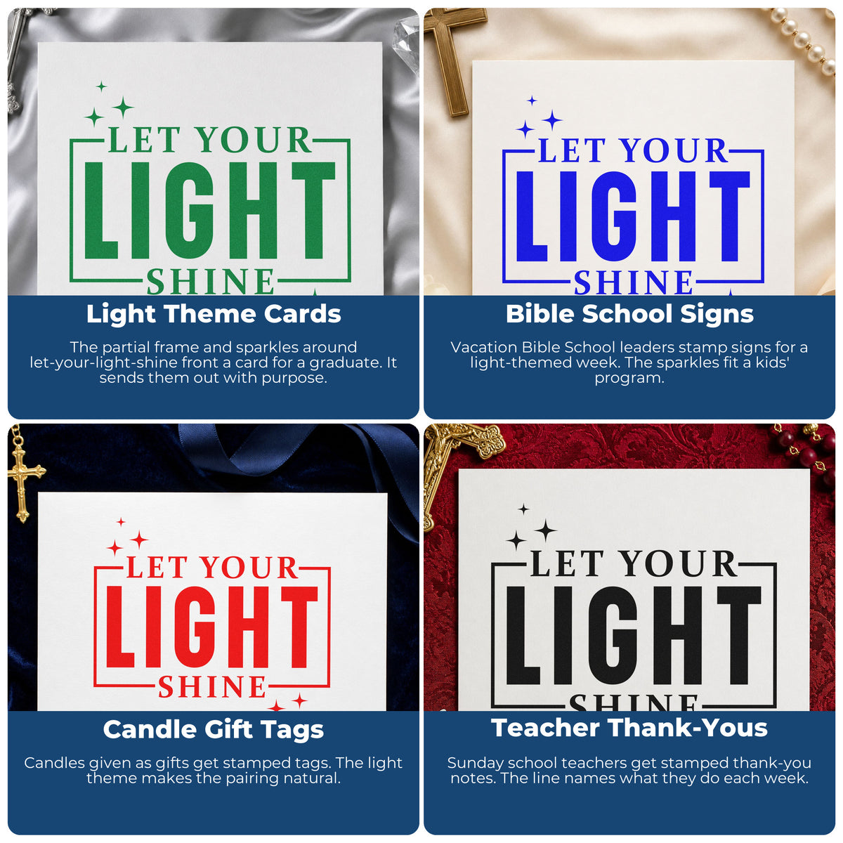 Four ways to use the Let Your Light Shine Rubber Stamp – Wood Handle: light theme cards, bible school signs, candle gift tags and teacher thank-yous.