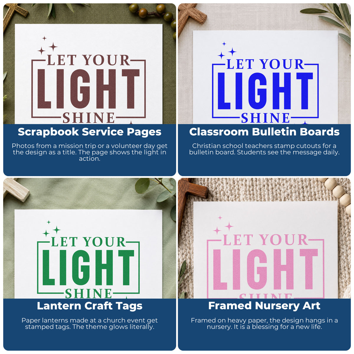 Four ways to use the Let Your Light Shine Rubber Stamp – Wood Handle: scrapbook service pages, classroom bulletin boards, lantern craft tags and framed nursery art.