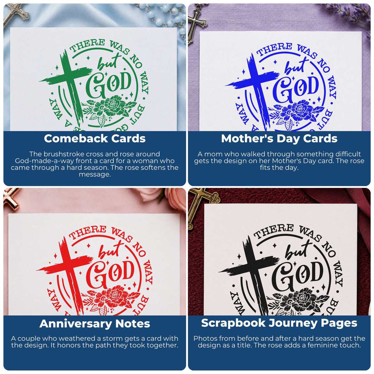 Four ways to use the God Made A Way Rose Emblem Stamp – Wood Handle: comeback cards, mother's day cards, anniversary notes and scrapbook journey pages.