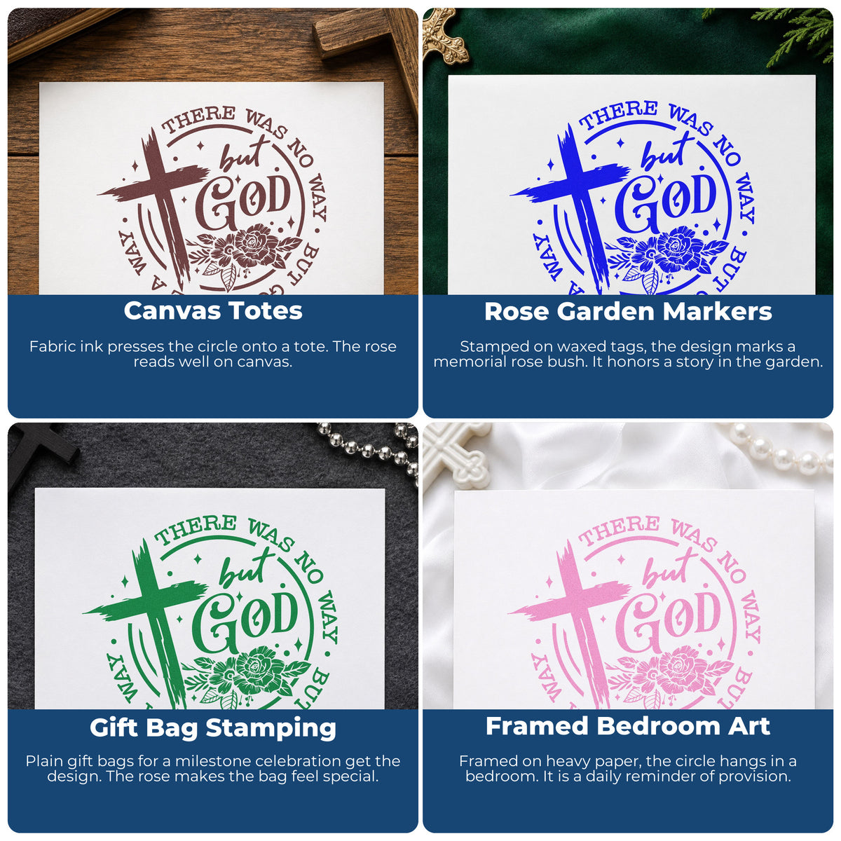 Four ways to use the God Made A Way Rose Emblem Stamp – Wood Handle: canvas totes, rose garden markers, gift bag stamping and framed bedroom art.