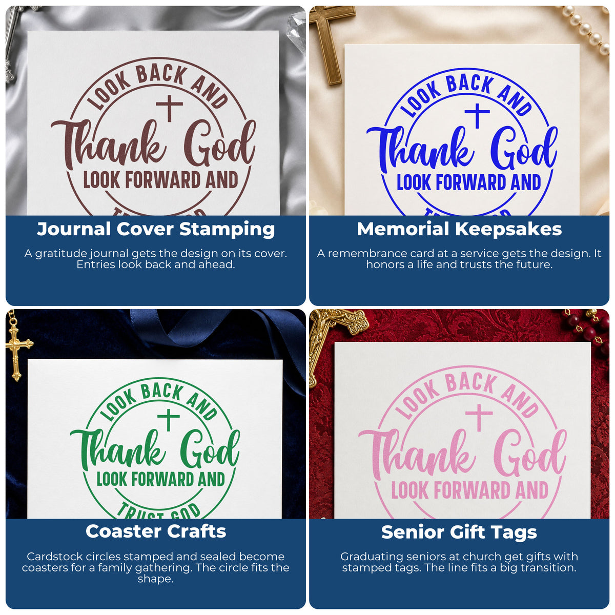 Four ways to use the Thank And Trust God Circle Wood Handle Stamp: journal cover stamping, memorial keepsakes, coaster crafts and senior gift tags.