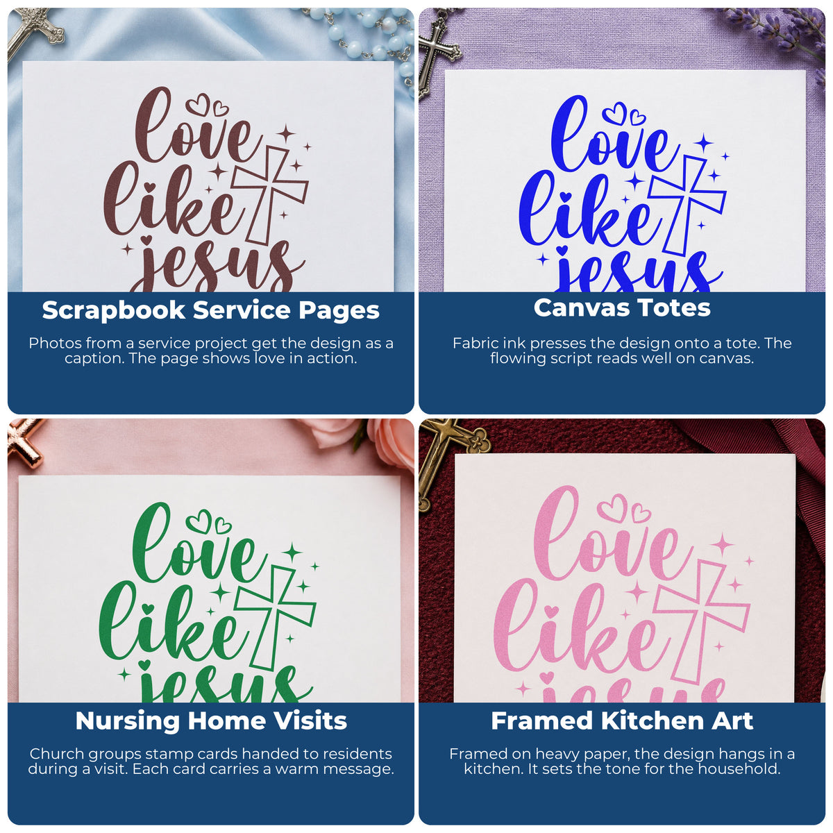 Four ways to use the Love Like Jesus Wood-Mounted Rubber Stamp: scrapbook service pages, canvas totes, nursing home visits and framed kitchen art.