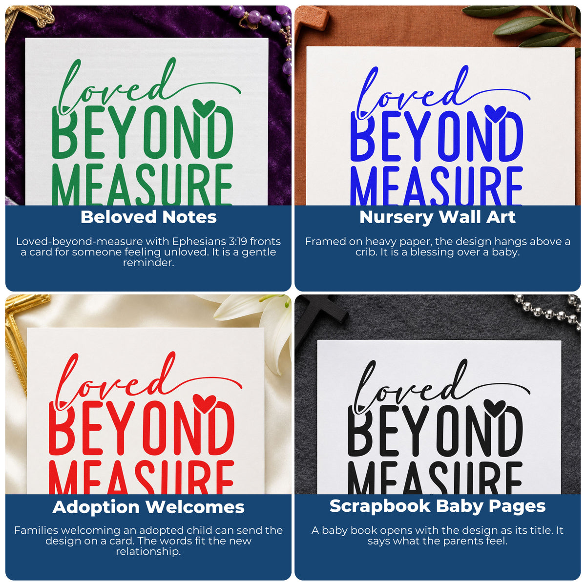 Four ways to use the Loved Beyond Measure With Hearts Rubber Stamp – Wood Handle: beloved notes, nursery wall art, adoption welcomes and scrapbook baby pages.